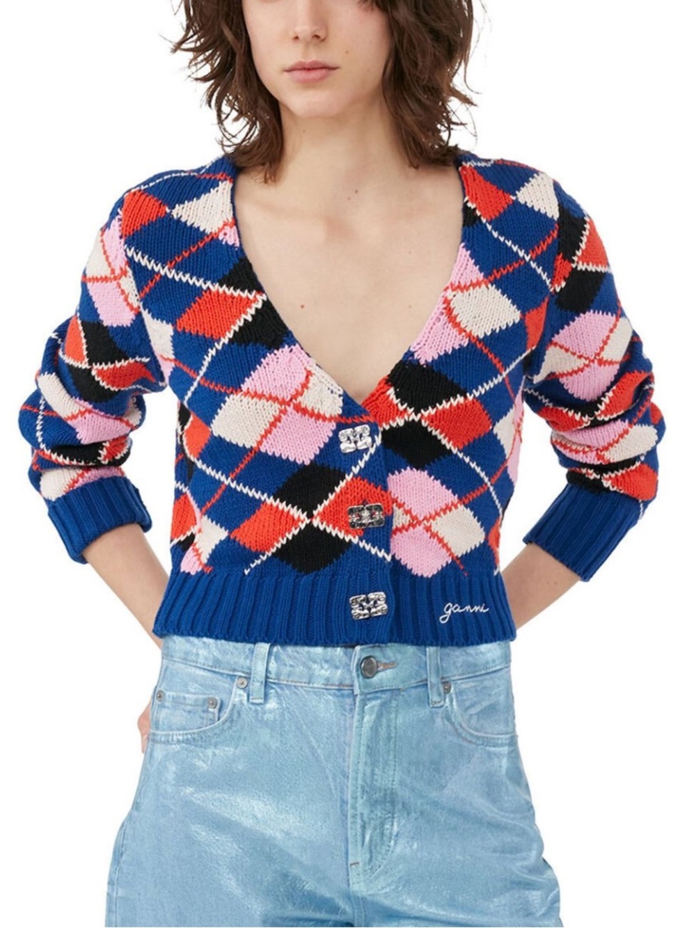 Ganni Blue Argyle V-Neck Cardigan with Pink and Red Accents - Picture 2 of 14